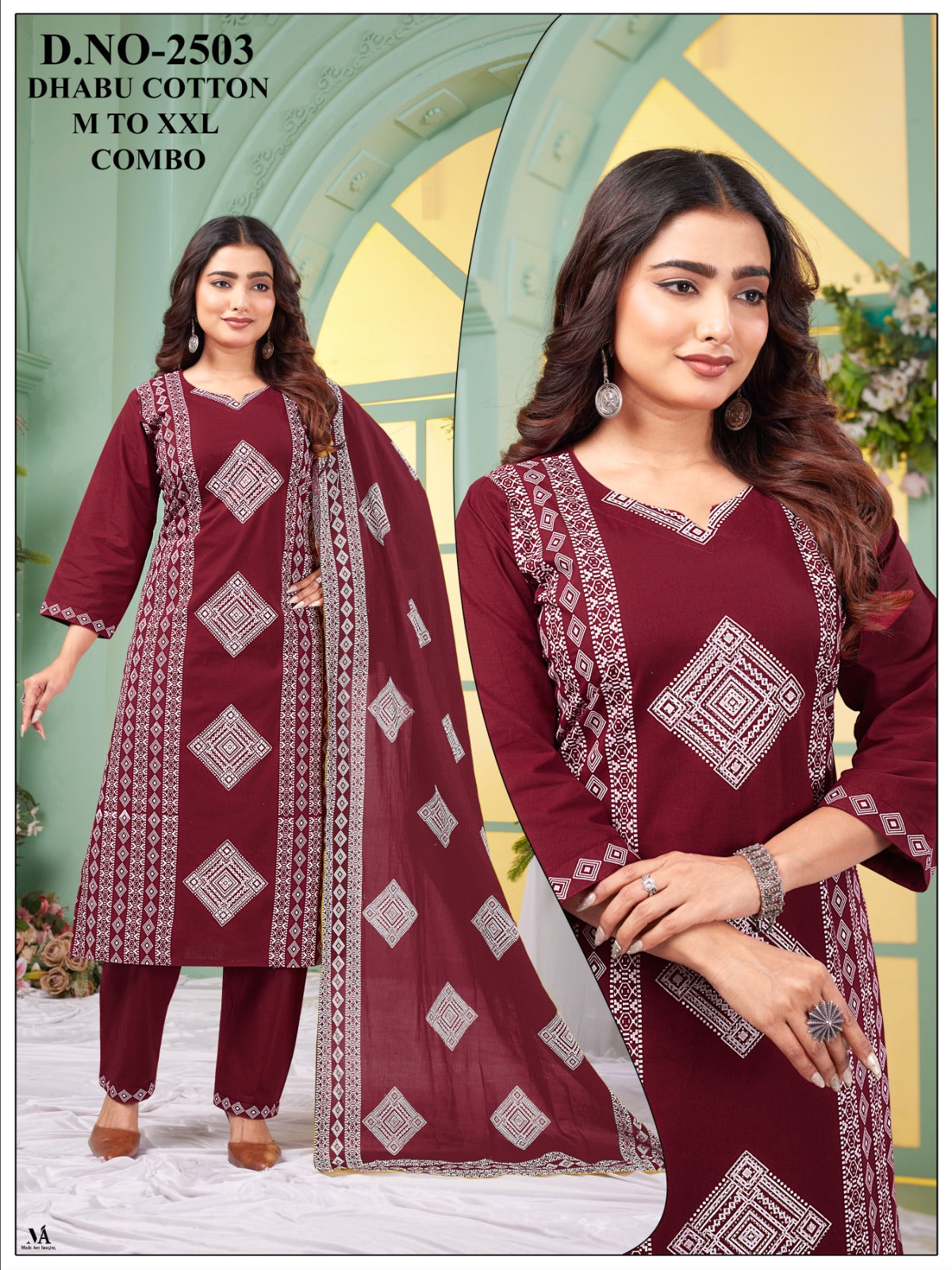 Dhabu Cotton Fine Screen Print 3-Piece Kurta, Pant & Mal Dupatta Set