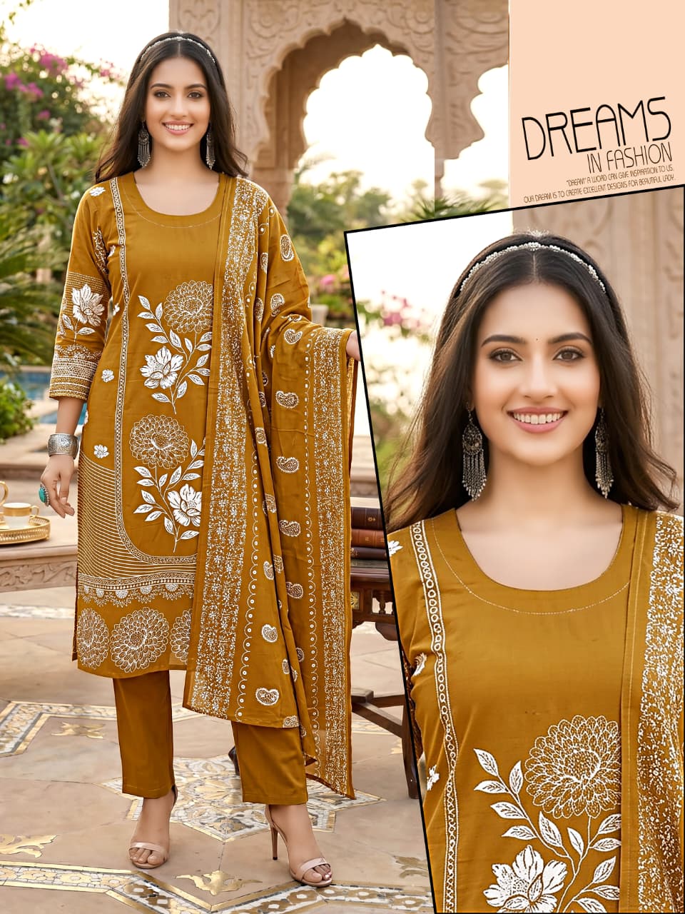 Dhabu Cotton Fine Screen Print 3pc Kurta, Pant & Dupatta Set