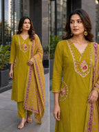 Dhabu Cotton Floral Embroidered 3pc Kurta, Pant & Mal Dupatta Set with Side Pocket Detail