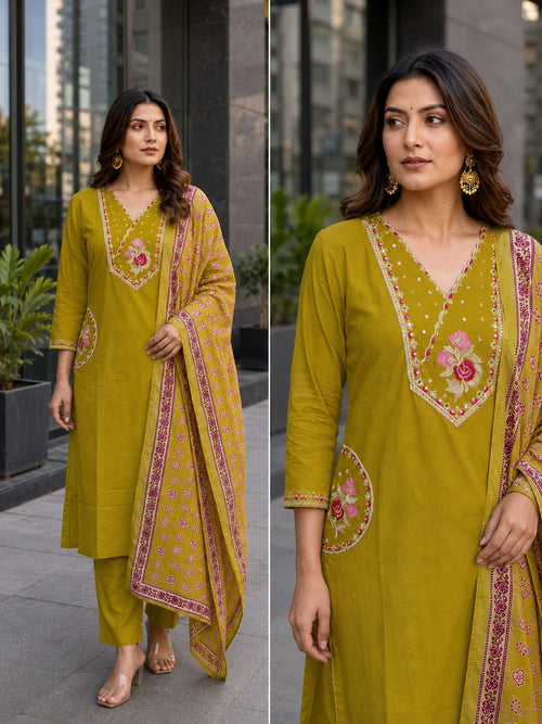 Dhabu Cotton Floral Embroidered 3pc Kurta, Pant & Mal Dupatta Set with Side Pocket Detail