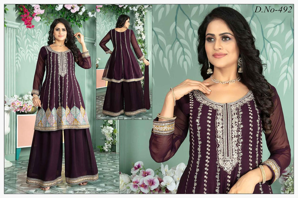 Fancy Collection Georgette White Embroidery & Mirror Work Peplum Top with Plazo & Plain Dupatta Set