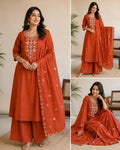Dhabu Cotton Embroidered A-Line Kurti, Plazo & Cutwork Mal Cotton Dupatta 3pc Set with Pocket