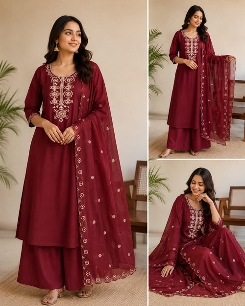 Dhabu Cotton Embroidered A-Line Kurti, Plazo & Cutwork Mal Cotton Dupatta 3pc Set with Pocket