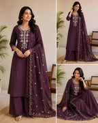 Dhabu Cotton Embroidered A-Line Kurti, Plazo & Cutwork Mal Cotton Dupatta 3pc Set with Pocket
