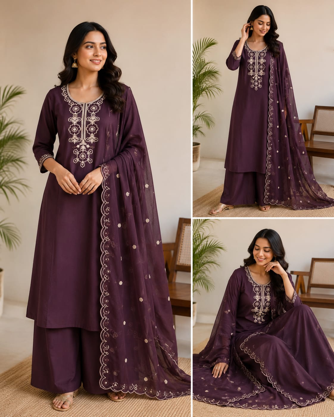 Dhabu Cotton Embroidered A-Line Kurti, Plazo & Cutwork Mal Cotton Dupatta 3pc Set with Pocket