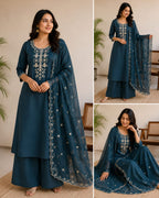 Dhabu Cotton Embroidered A-Line Kurti, Plazo & Cutwork Mal Cotton Dupatta 3pc Set with Pocket