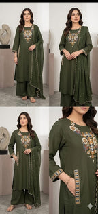 Dhabu Cotton Embroidered A-Line Kurti, Plazo & Cutwork Mal Cotton Dupatta 3pc Set with Pocket