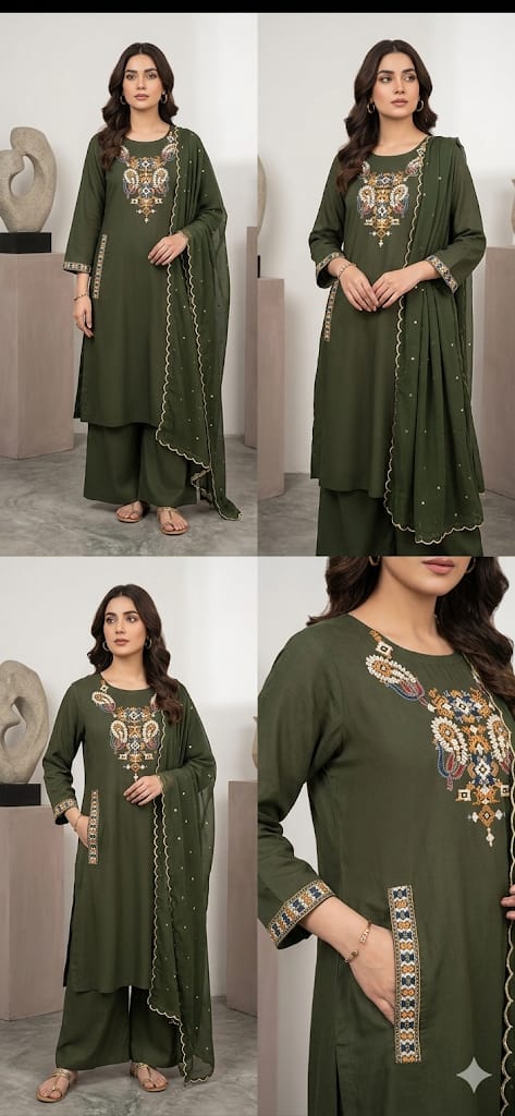 Dhabu Cotton Embroidered A-Line Kurti, Plazo & Cutwork Mal Cotton Dupatta 3pc Set with Pocket