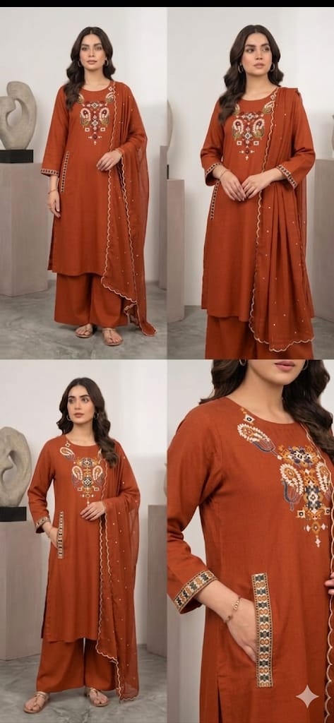 Dhabu Cotton Embroidered A-Line Kurti, Plazo & Cutwork Mal Cotton Dupatta 3pc Set with Pocket