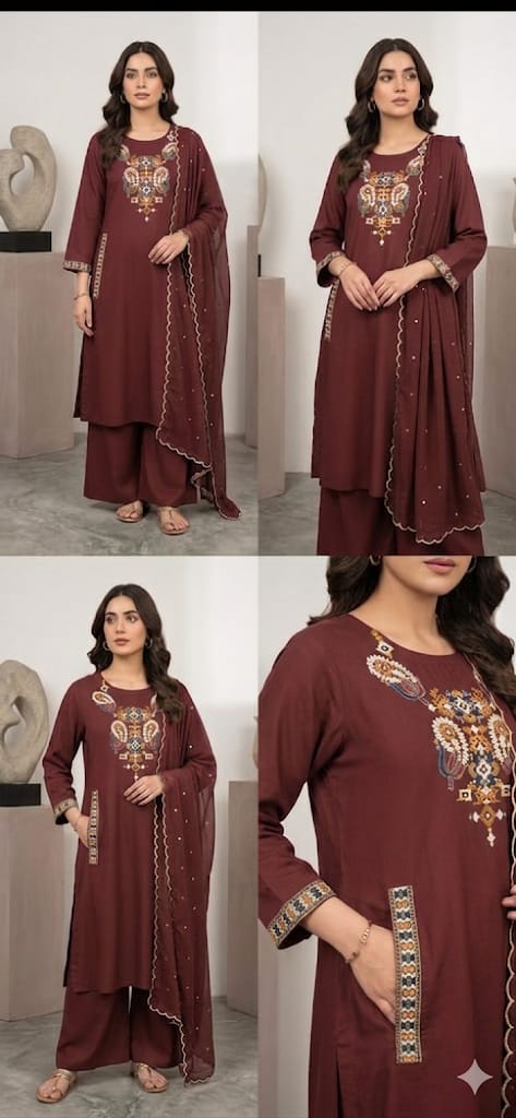 Dhabu Cotton Embroidered A-Line Kurti, Plazo & Cutwork Mal Cotton Dupatta 3pc Set with Pocket