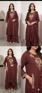 Dhabu Cotton Embroidered A-Line Kurti, Plazo & Cutwork Mal Cotton Dupatta 3pc Set with Pocket