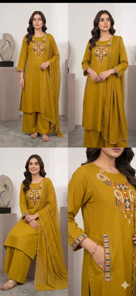 Dhabu Cotton Embroidered A-Line Kurti, Plazo & Cutwork Mal Cotton Dupatta 3pc Set with Pocket