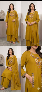 Dhabu Cotton Embroidered A-Line Kurti, Plazo & Cutwork Mal Cotton Dupatta 3pc Set with Pocket
