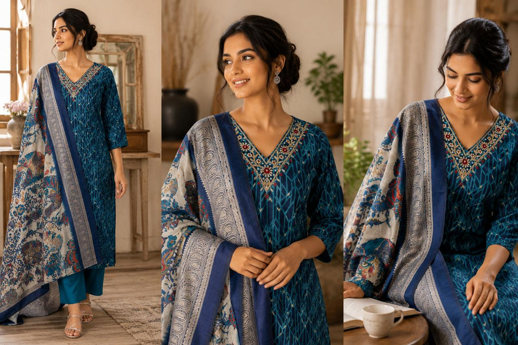 Muslin Handwork V-Neck Printed Kurta, Pant & Mal Cotton Dupatta 3pc Set