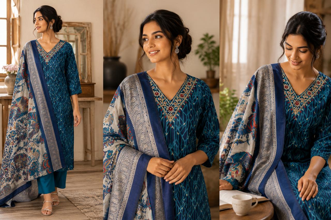 Muslin Handwork V-Neck Printed Kurta, Pant & Mal Cotton Dupatta 3pc Set