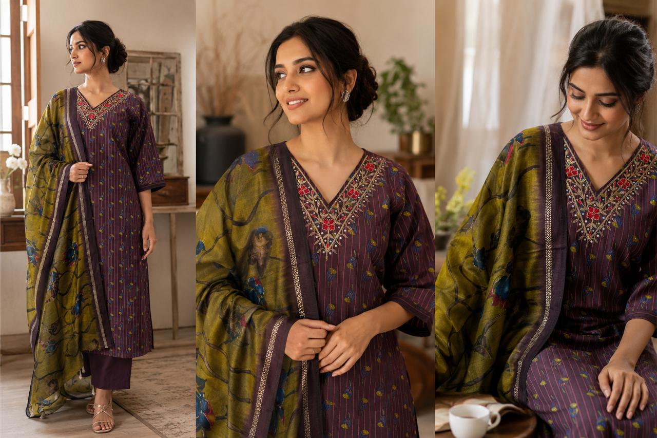 Muslin Handwork V-Neck Printed Kurta, Pant & Mal Cotton Dupatta 3pc Set