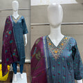 Muslin Handwork V-Neck Printed Kurta, Pant & Mal Cotton Dupatta 3pc Set