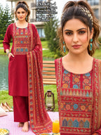 Ankita-4 Dhabbu Cotton Ajrak Print Yoke Kurti, Plazo & Mal Cotton Dupatta Set with 2 Side Pockets