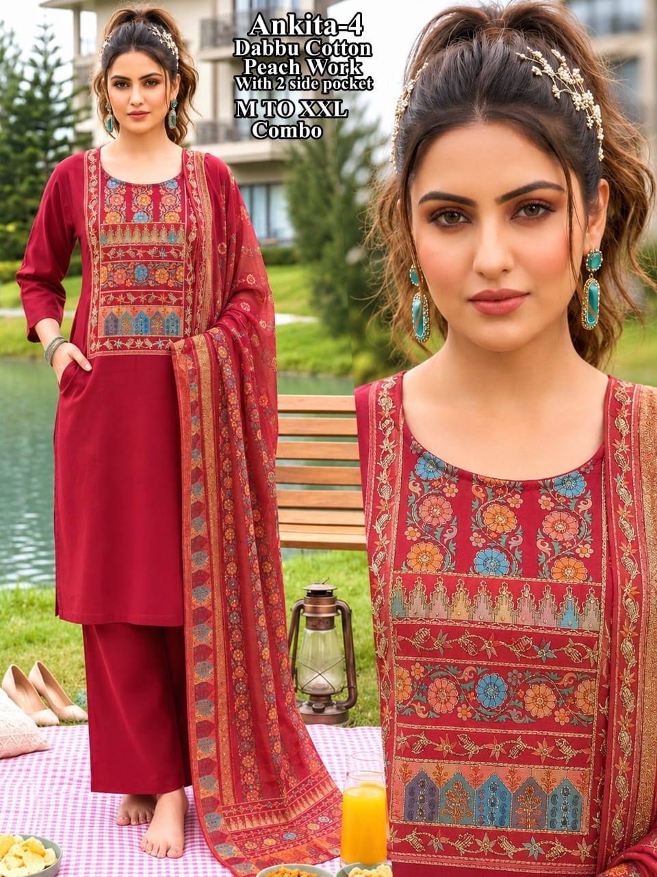 Ankita-4 Dhabbu Cotton Ajrak Print Yoke Kurti, Plazo & Mal Cotton Dupatta Set with 2 Side Pockets