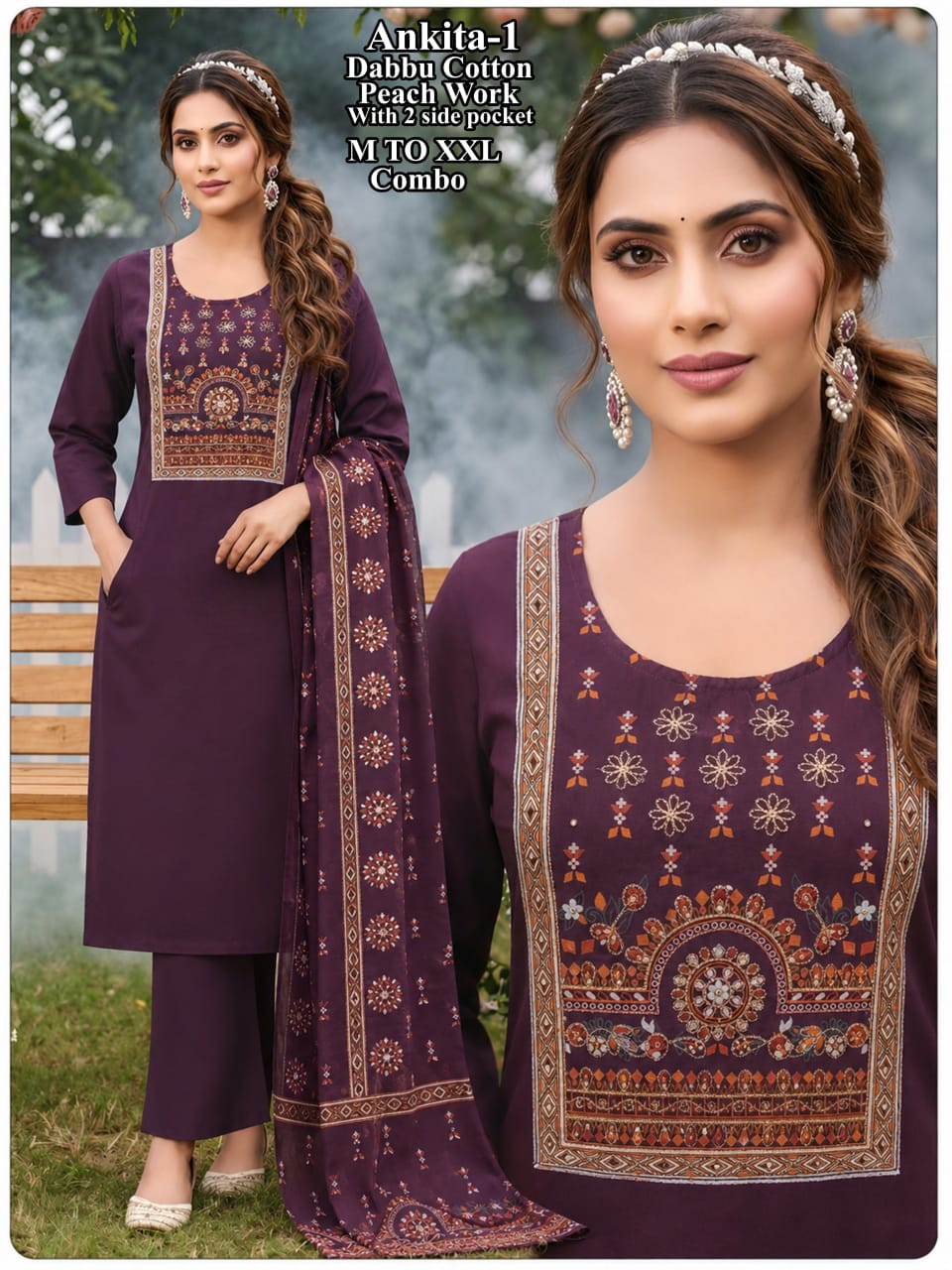 Ankita-4 Dhabbu Cotton Ajrak Print Yoke Kurti, Plazo & Mal Cotton Dupatta Set with 2 Side Pockets