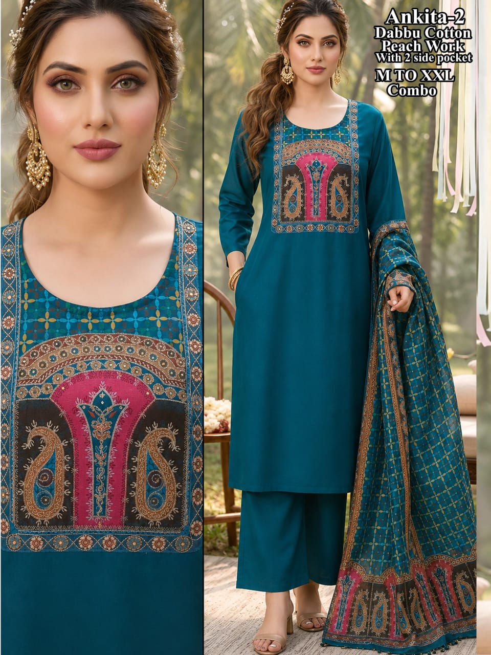 Ankita-4 Dhabbu Cotton Ajrak Print Yoke Kurti, Plazo & Mal Cotton Dupatta Set with 2 Side Pockets