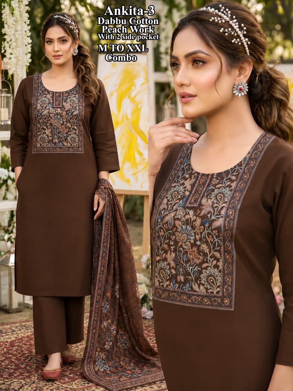 Ankita-4 Dhabbu Cotton Ajrak Print Yoke Kurti, Plazo & Mal Cotton Dupatta Set with 2 Side Pockets