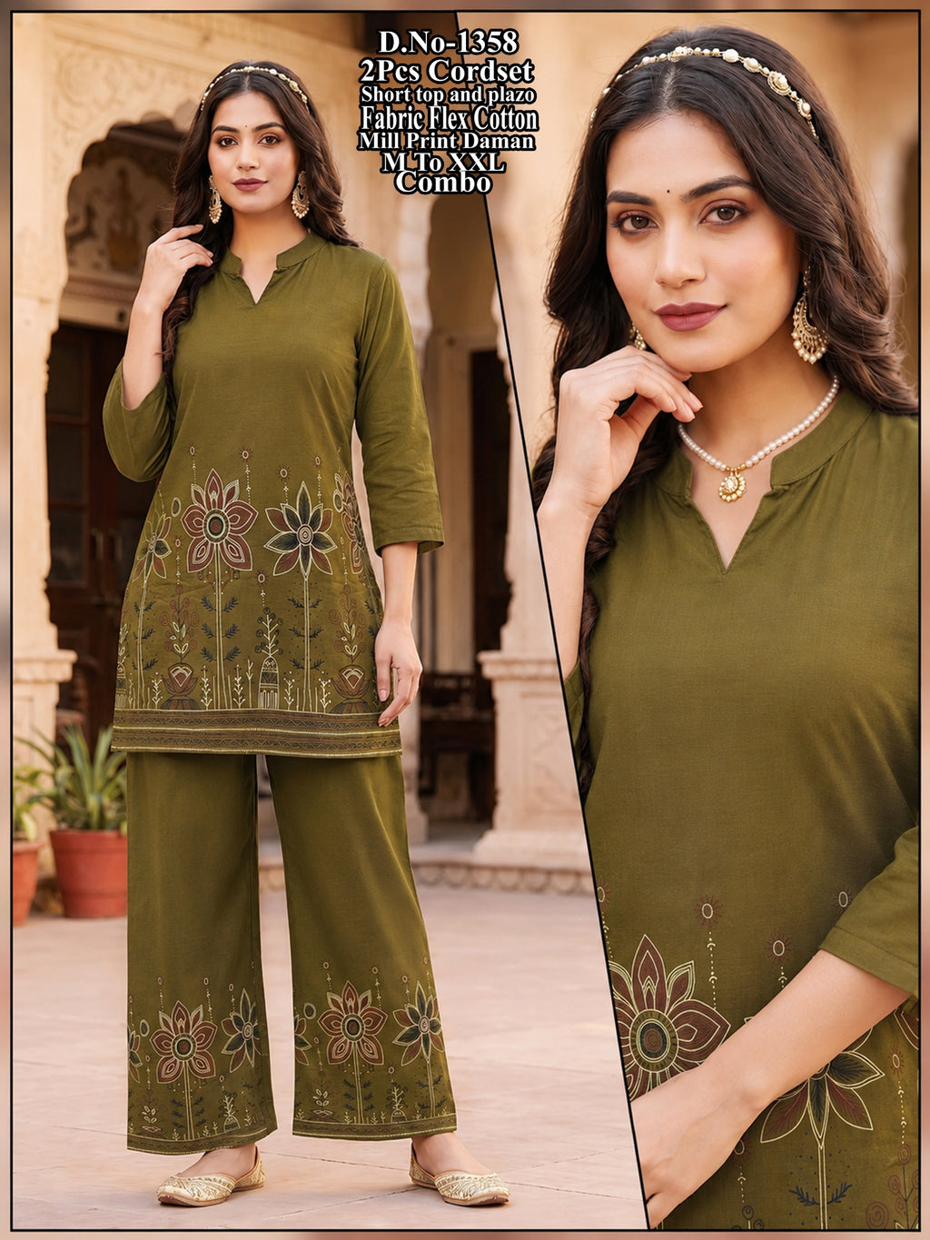 Flex Cotton Mill Print Daman Short Top & Wide-Leg Plazo 2-Piece Co-Ord Set