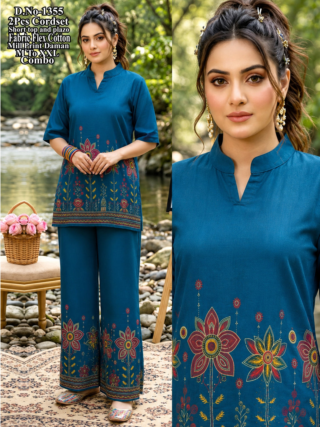 Flex Cotton Mill Print Daman Short Top & Wide-Leg Plazo 2-Piece Co-Ord Set