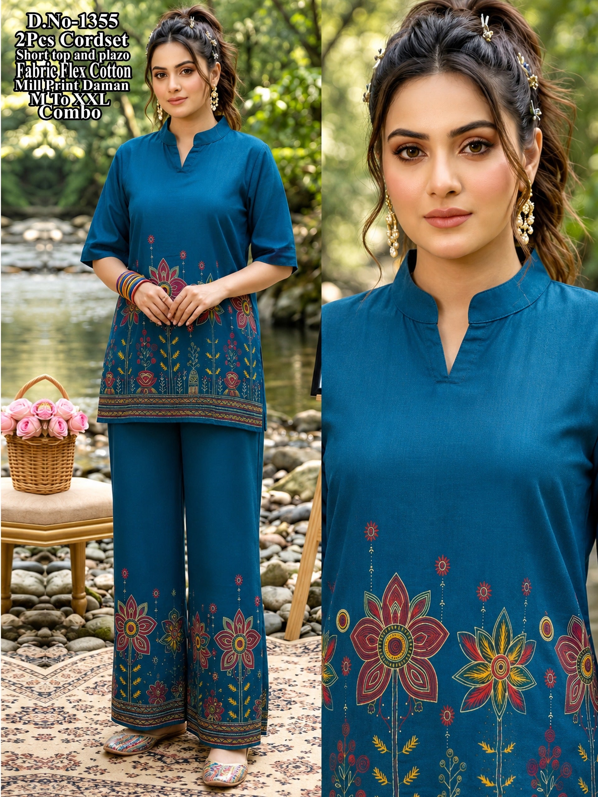 Flex Cotton Mill Print Daman Short Top & Wide-Leg Plazo 2-Piece Co-Ord Set