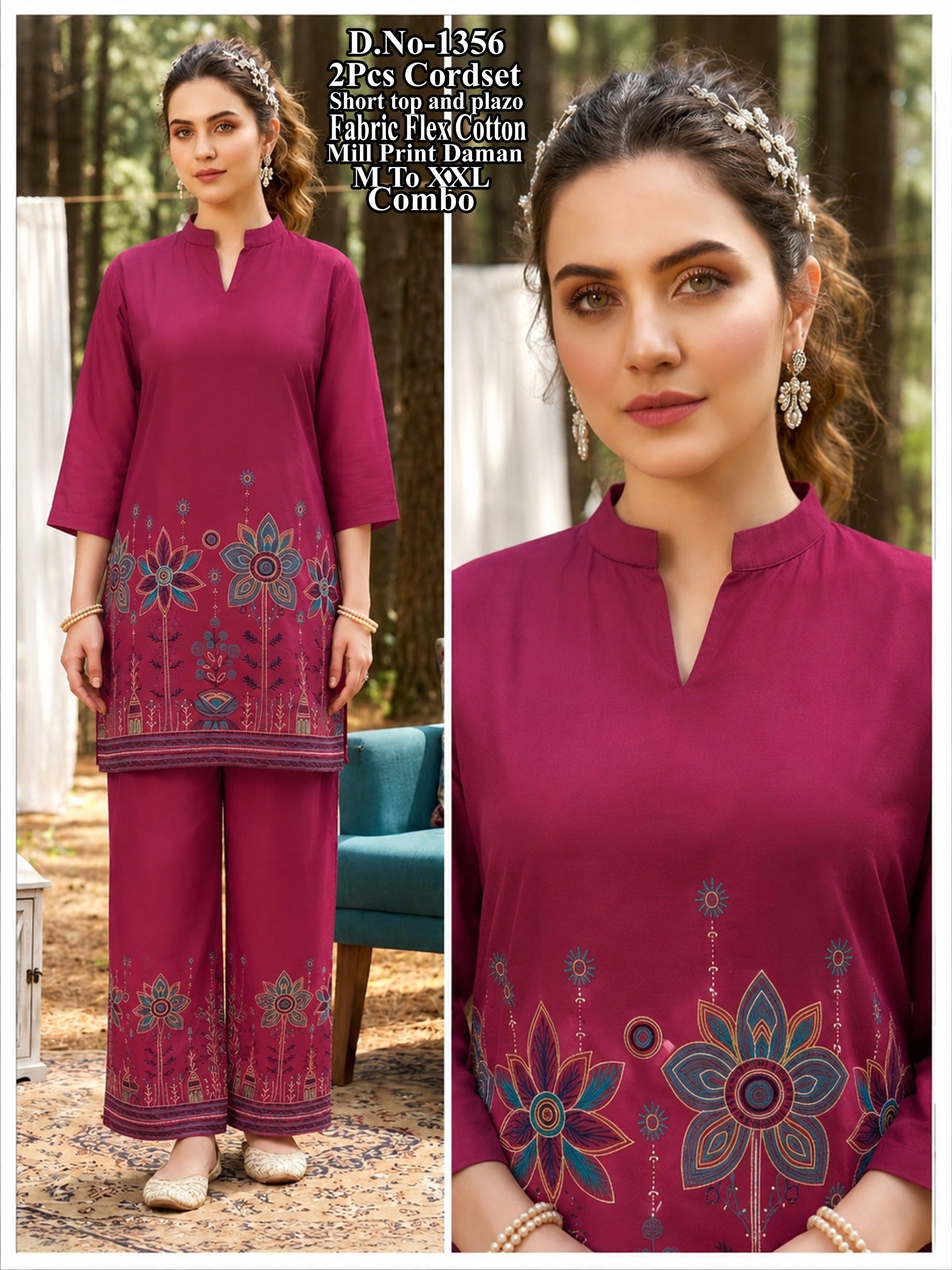 Flex Cotton Mill Print Daman Short Top & Wide-Leg Plazo 2-Piece Co-Ord Set