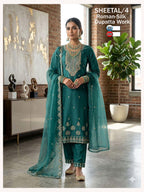 Sheetal/1 Premium Roman Silk Olive Green Embroidered Kurti Set with Designer Dupatta