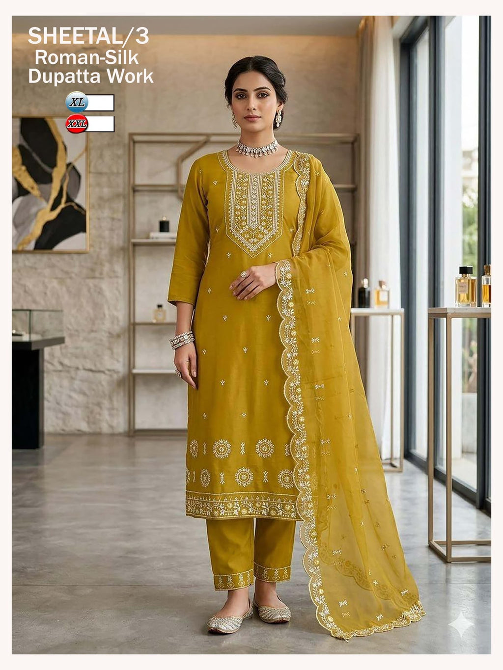 Sheetal/1 Premium Roman Silk Olive Green Embroidered Kurti Set with Designer Dupatta