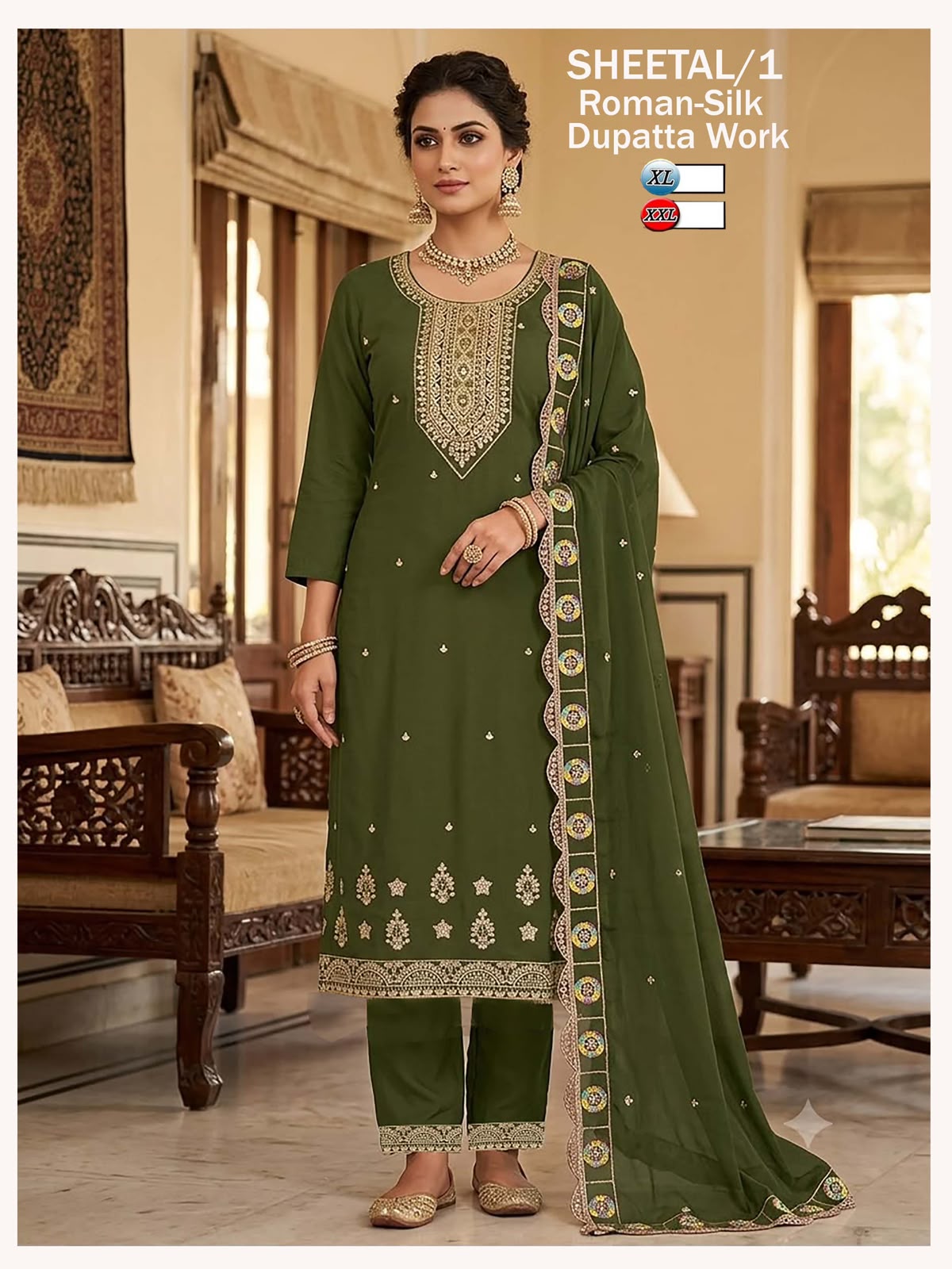 Sheetal/1 Premium Roman Silk Olive Green Embroidered Kurti Set with Designer Dupatta