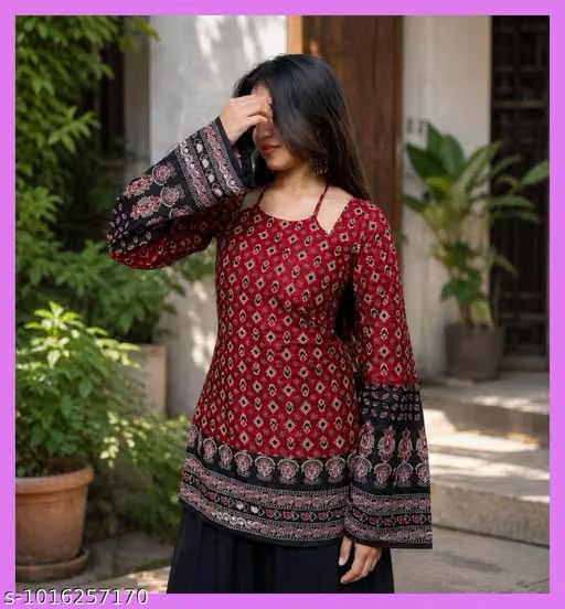 Women's Ajrakh Geometric Print Cotton Short Kurti - Black & Red