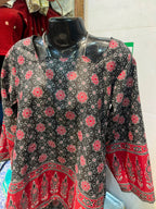 Women's Ajrakh Geometric Print Cotton Short Kurti - Black & Red