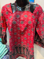 Women's Ajrakh Geometric Print Cotton Short Kurti - Black & Red