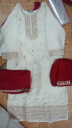 Elegant Off-White & Maroon Embroidered Kurti Set with Sequined Work
