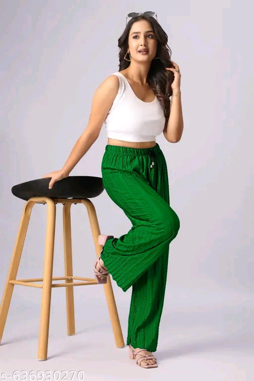 Trendy Ribbed Cotton Flared Plazo Pants with Drawstring Waist