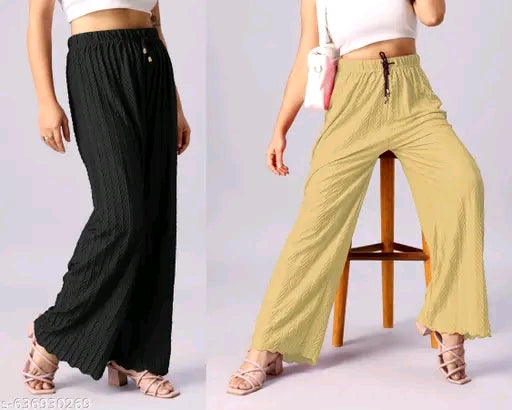 Trendy Ribbed Cotton Flared Plazo Pants with Drawstring Waist