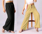 Trendy Ribbed Cotton Flared Plazo Pants with Drawstring Waist