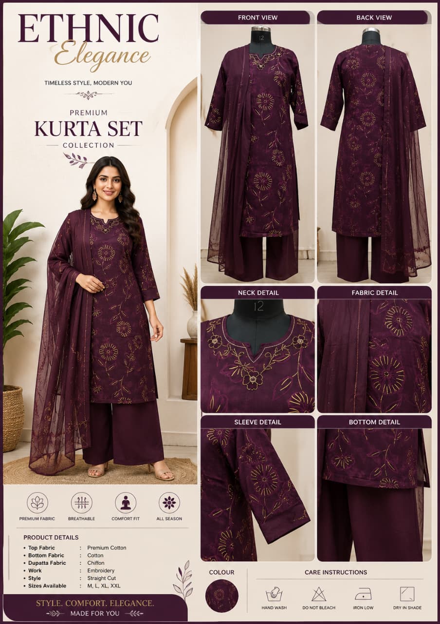 Ethnic Elegance Premium Rayon 3Pc Kurta Set with Plazo & Mal Chunni