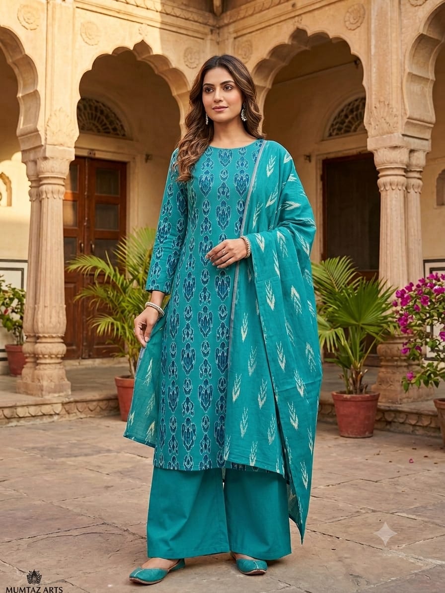Premium Dhabu Cotton Printed Kurti, Plazo & Dupatta 3Pc Set