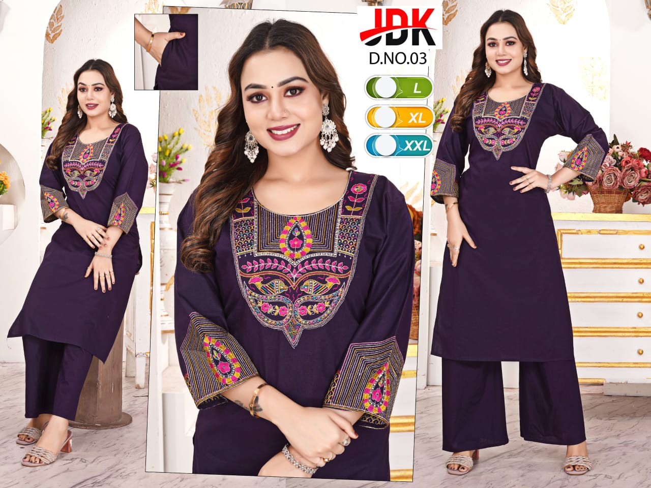 Premium Dhabu Cotton Fine Embroidered Kurti & Plazo 2pc Set with Pocket