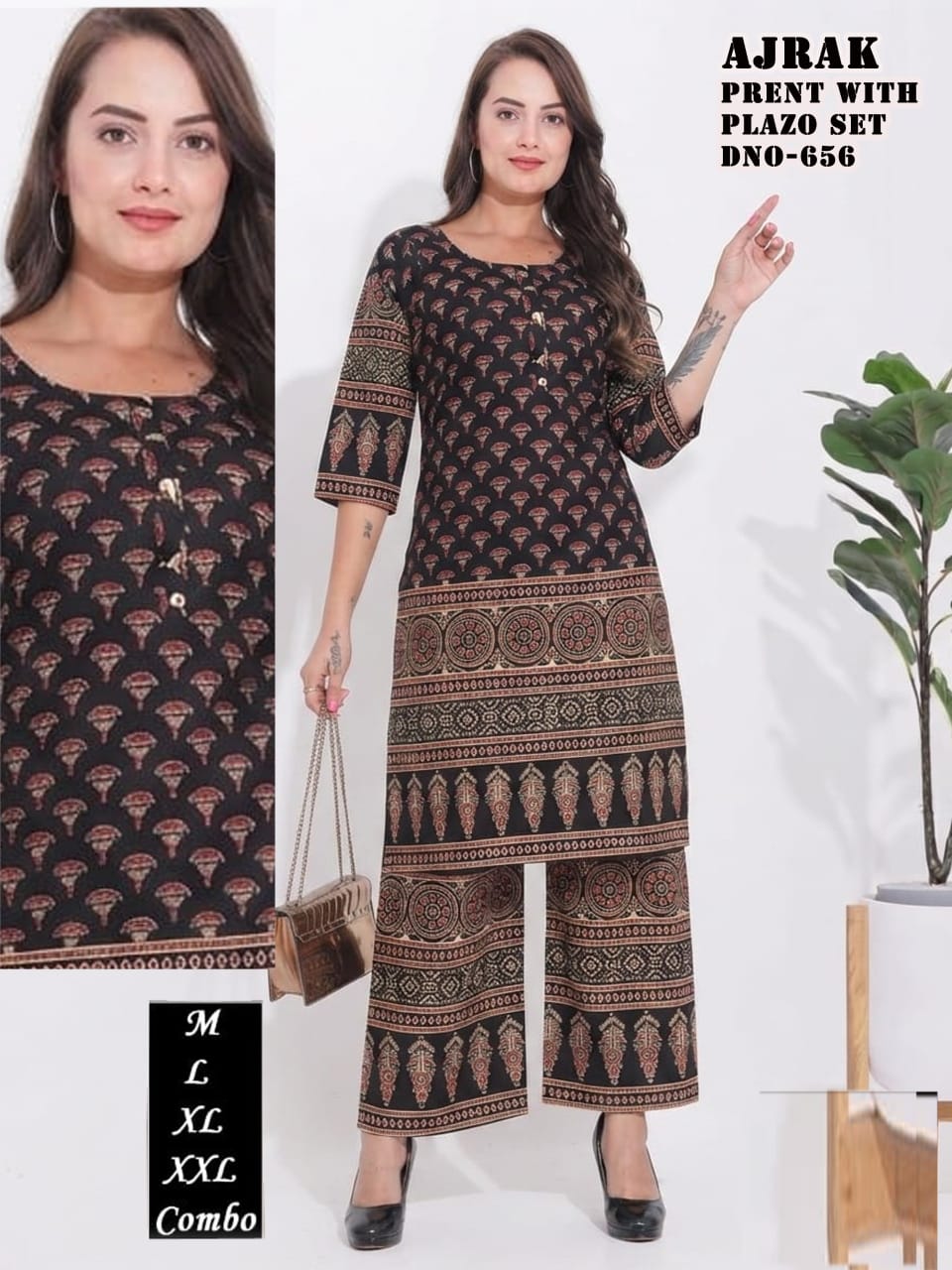 Traditional Ajrak Print Pure Cotton Kurti & Plazo Co-Ord Set