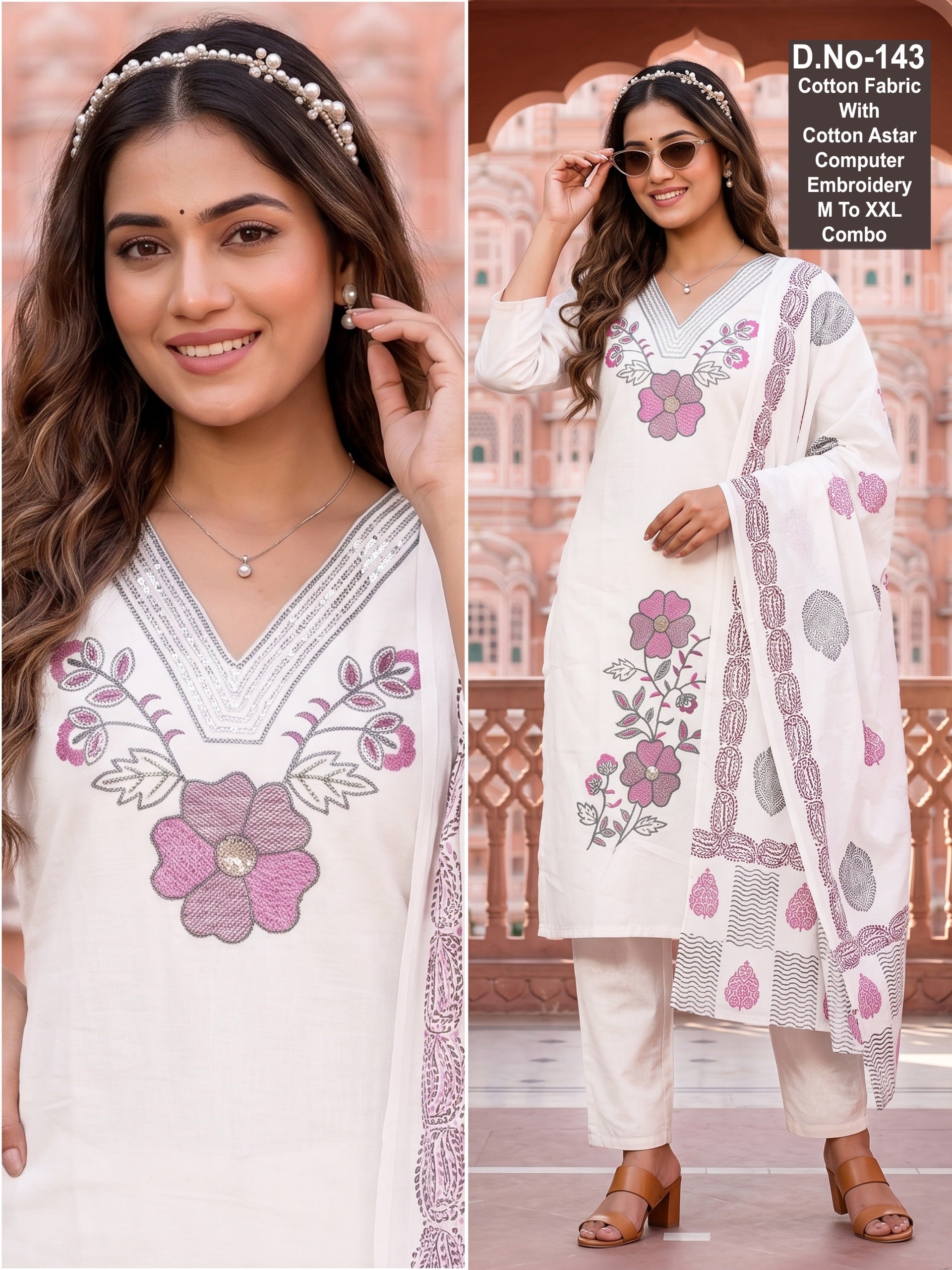 Elegant Off-White Cotton Kurti Set with Computer Embroidery & Dupatta