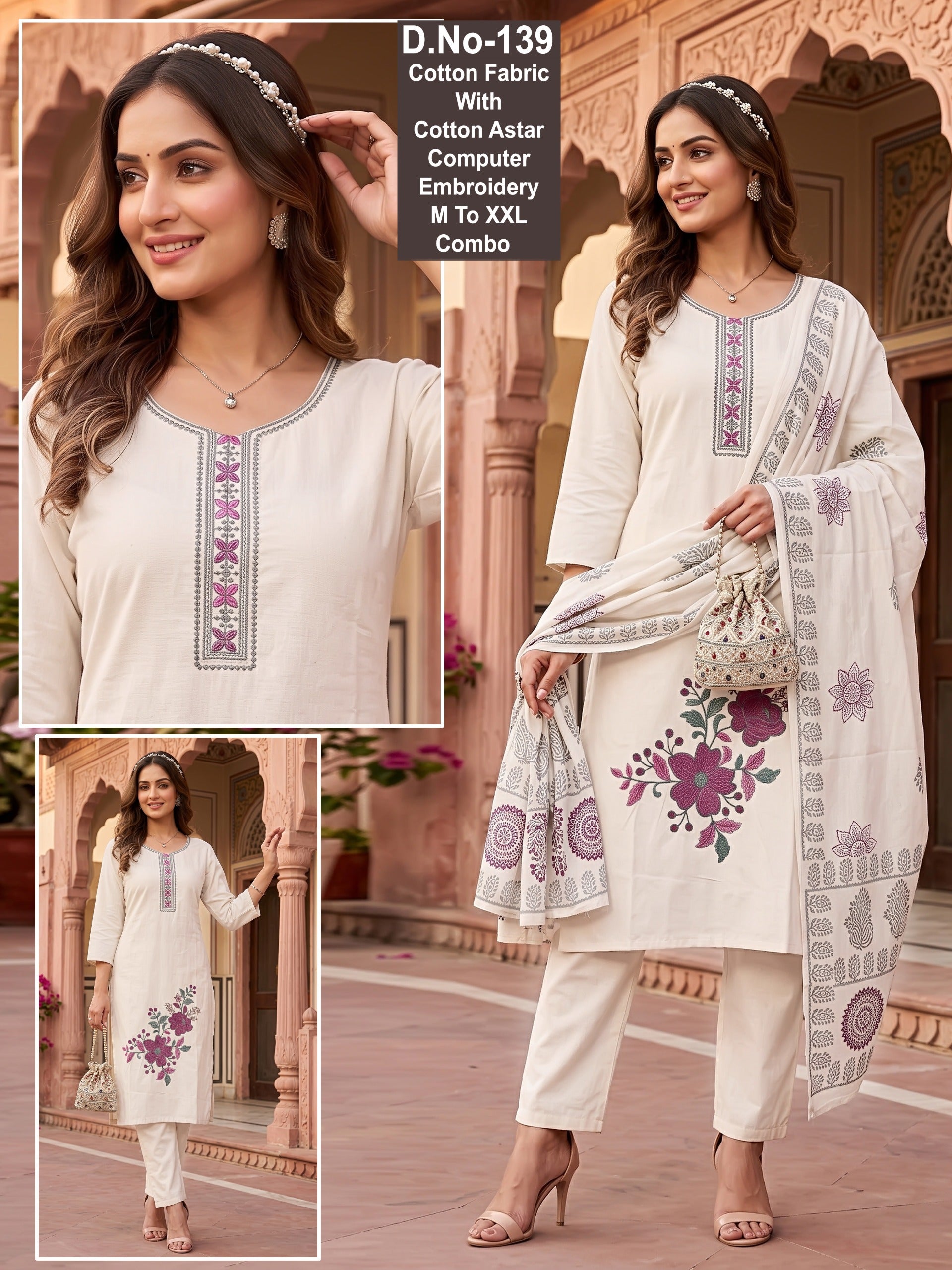 Elegant Off-White Cotton Kurti Set with Computer Embroidery & Dupatta
