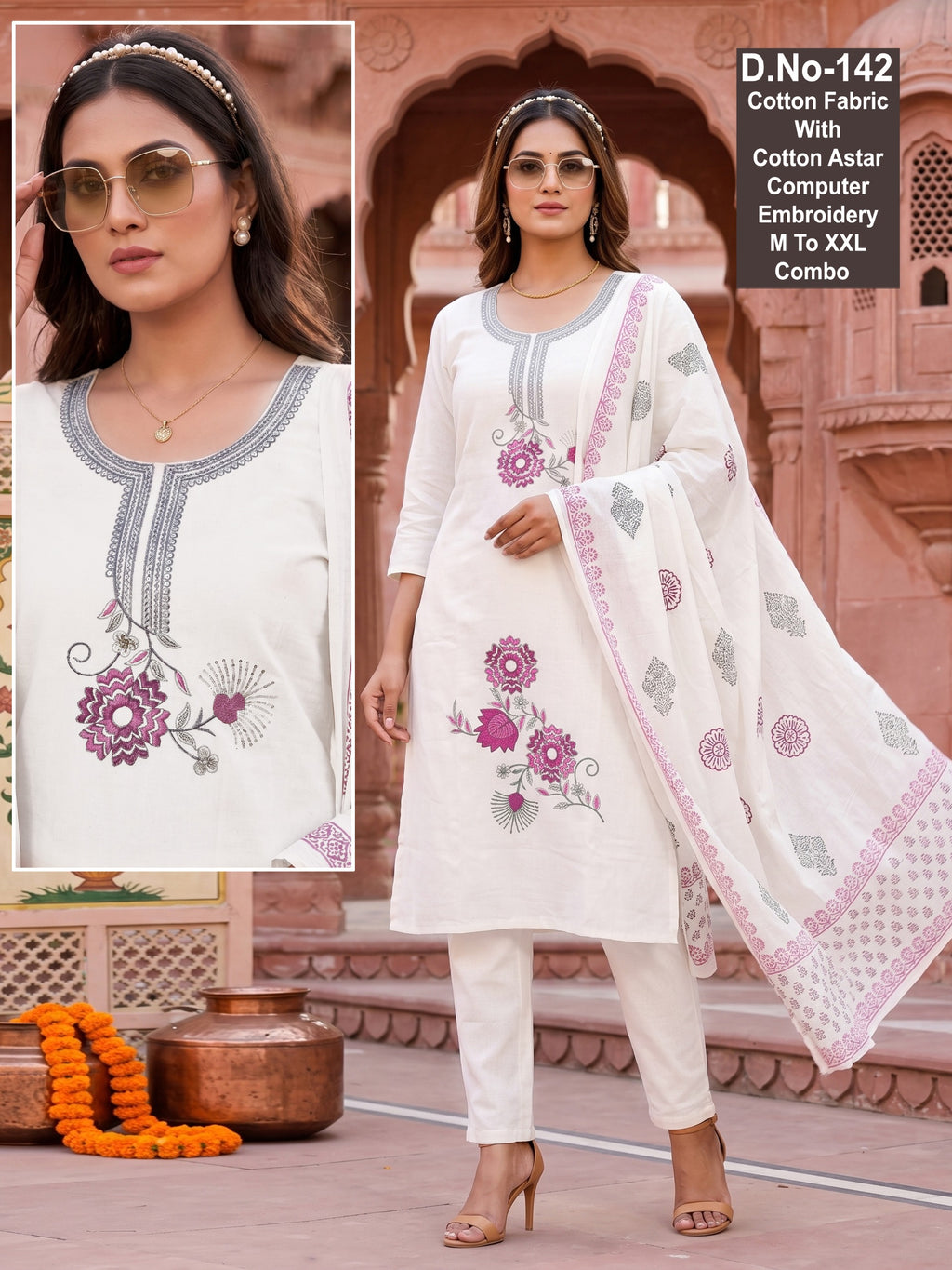 Elegant Off-White Cotton Kurti Set with Computer Embroidery & Dupatta