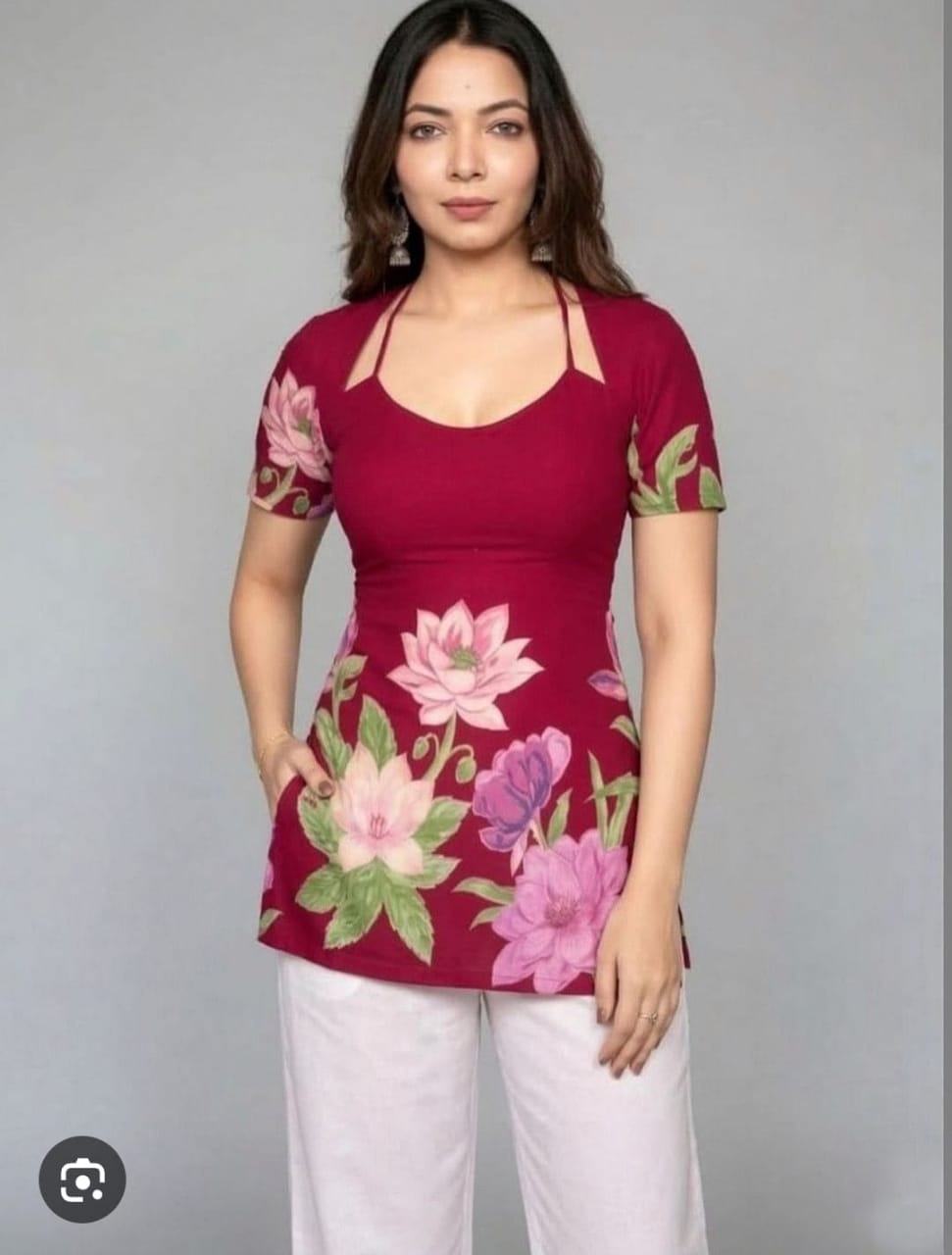 Elegant Floral Printed Maroon Short Kurti with Strappy Neck Detail