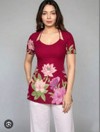 Elegant Floral Printed Maroon Short Kurti with Strappy Neck Detail