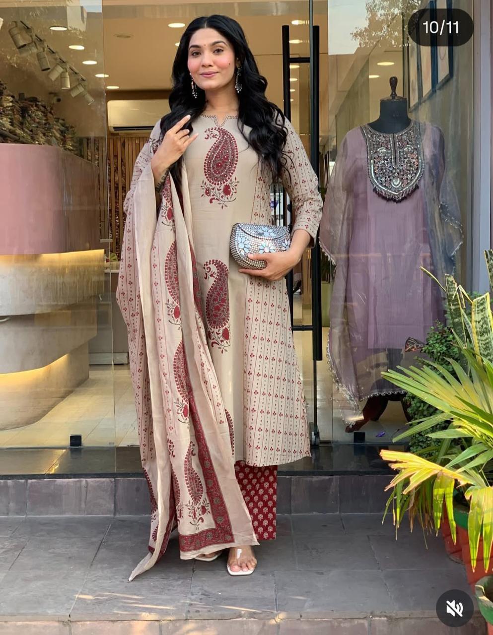 Elegant Cotton 60-60 Paisley Print Kurti with Plazzo & Dupatta Set